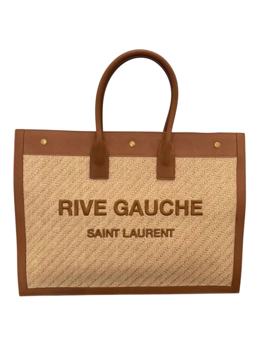 BNWT Saint Laurent Rive Gauche Tan Leather and Raffia Large Tote Bag
